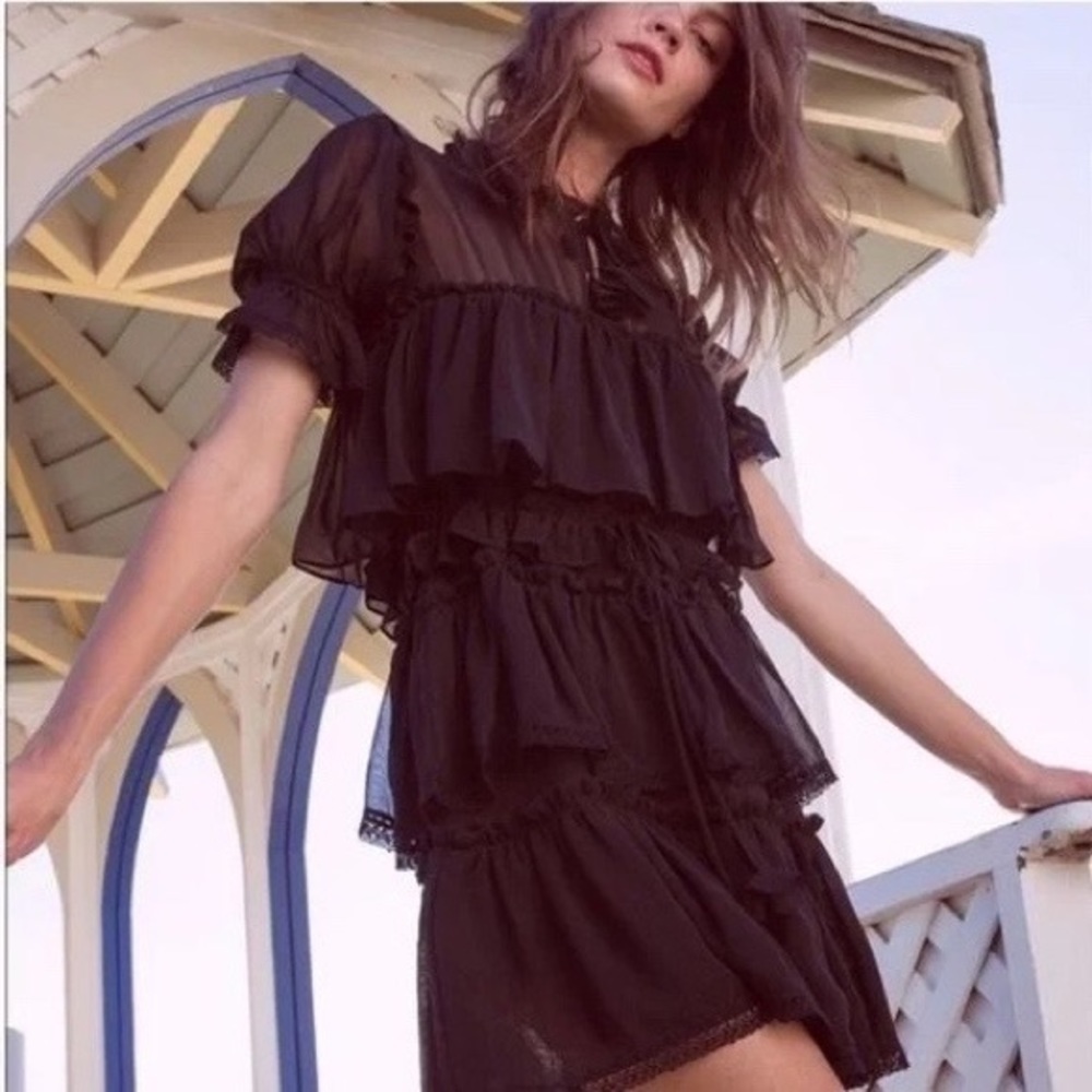 MISA Jazmine black tiered layered ruffle sheer short sleeve tassel neck dress - Picture 3 of 15